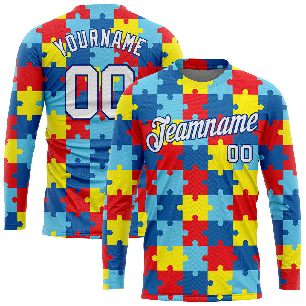 Custom Colorful White-Royal Autism Awareness Puzzle Pieces 3D Pattern Long Sleeve Performance T-Shirt