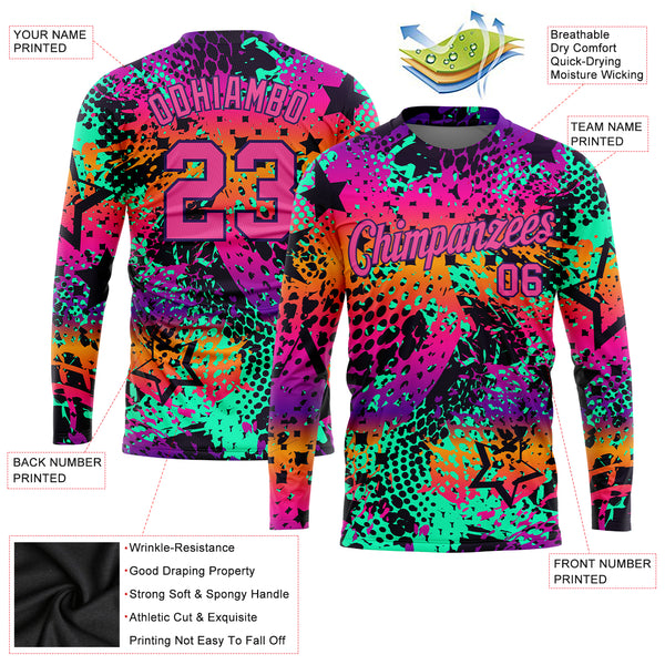 Custom Graffiti Pattern Pink-Purple Bright Neon Colors 3D Long Sleeve Performance T-Shirt