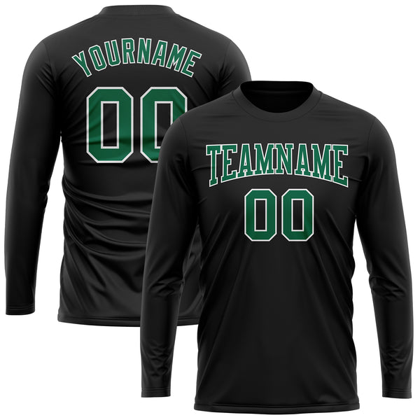 Custom Black Kelly Green-White Long Sleeve Performance T-Shirt