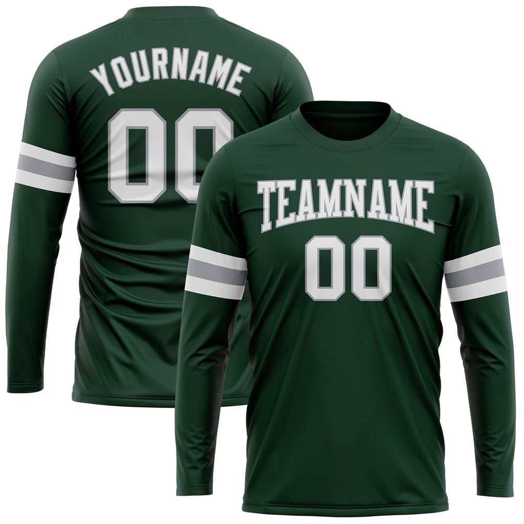 Custom Green White-Gray Long Sleeve Performance T-Shirt