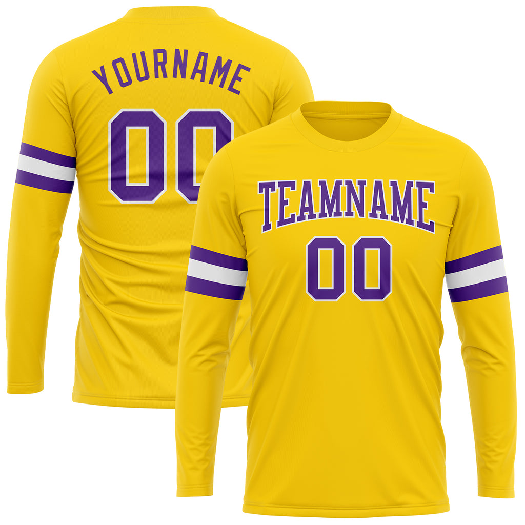 Custom Gold Purple-White Long Sleeve Performance T-Shirt