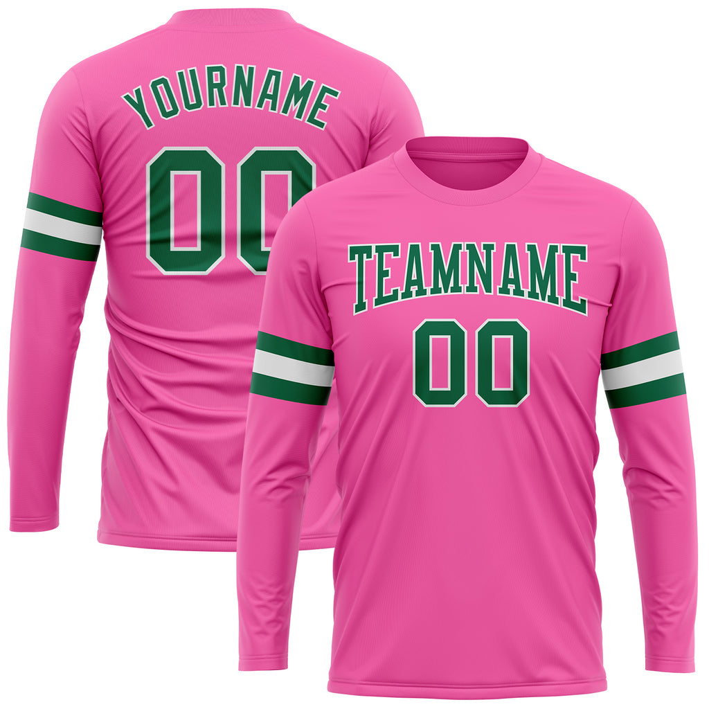 Custom Pink Kelly Green-White Long Sleeve Performance T-Shirt