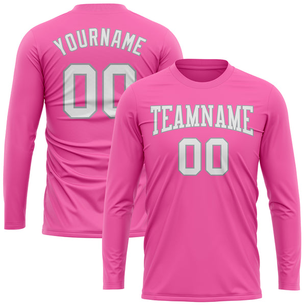 Custom Pink White-Gray Long Sleeve Performance T-Shirt