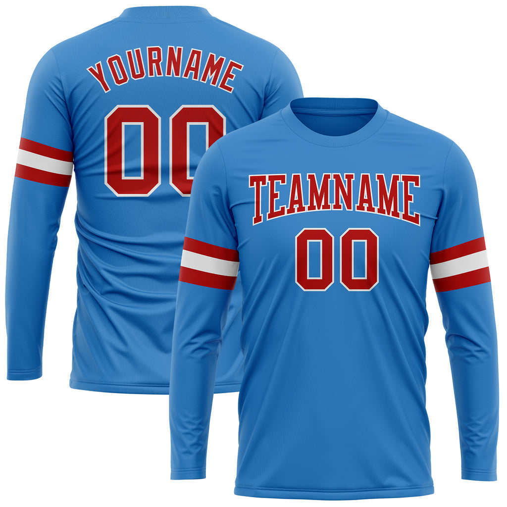 Custom Powder Blue Red-White Long Sleeve Performance T-Shirt