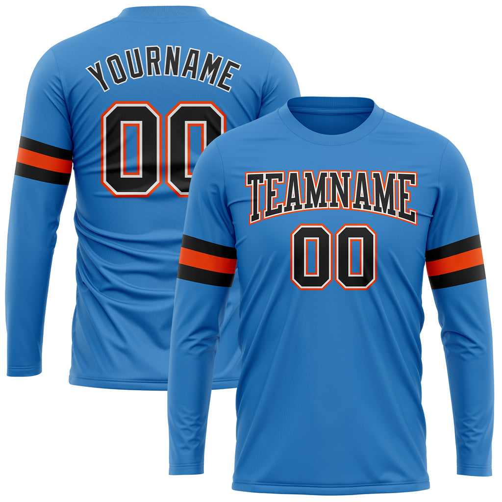 Custom Powder Blue Black White-Orange Long Sleeve Performance T-Shirt