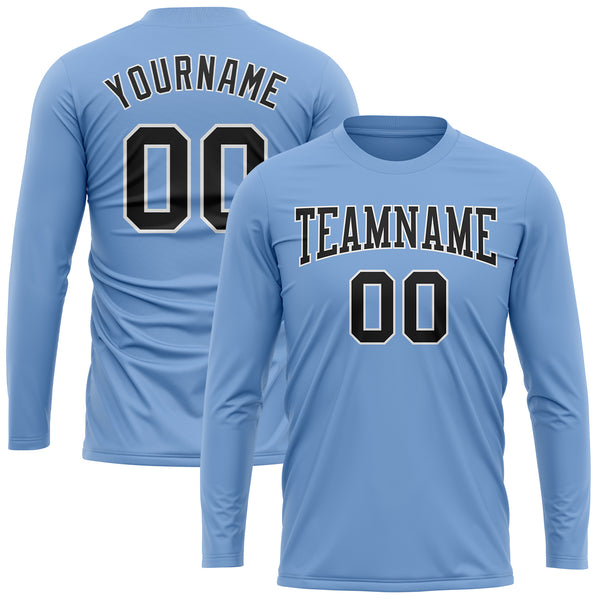 Custom Light Blue Black-White Long Sleeve Performance T-Shirt