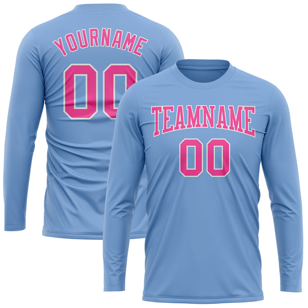 Custom Light Blue Pink-White Long Sleeve Performance T-Shirt