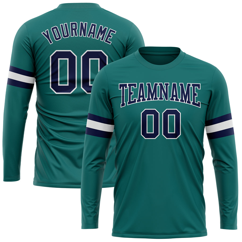 Custom Aqua Navy-White Long Sleeve Performance T-Shirt