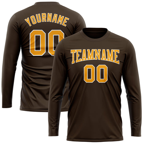 Custom Brown Gold-White Long Sleeve Performance T-Shirt