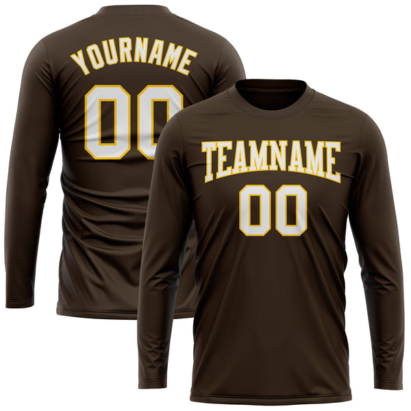 Custom Brown White-Gold Long Sleeve Performance T-Shirt