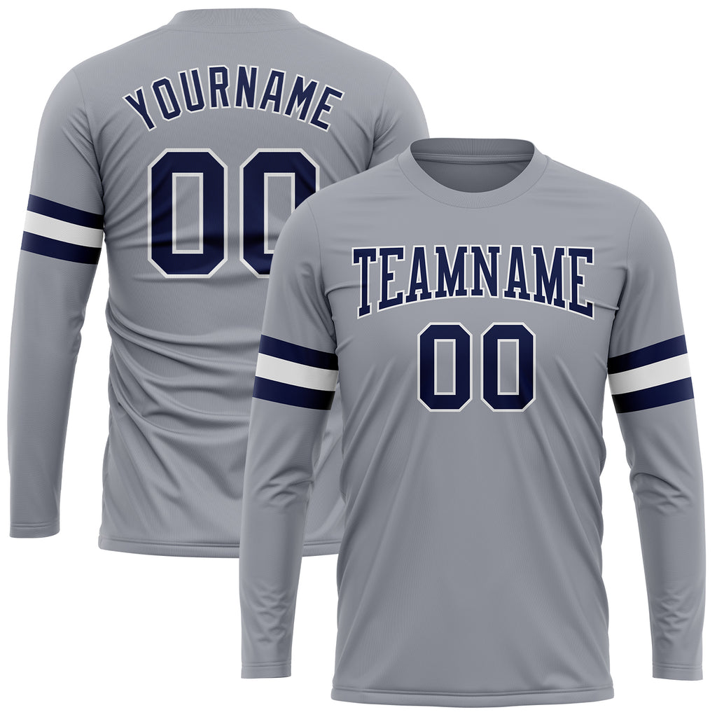 Custom Gray Navy-White Long Sleeve Performance T-Shirt