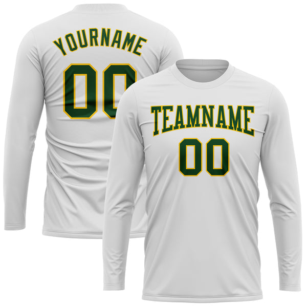 Custom White Green-Gold Long Sleeve Performance T-Shirt