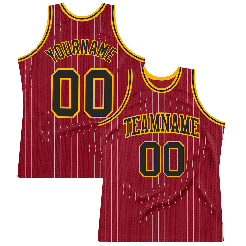 Custom Maroon White Pinstripe Black-Gold Authentic Basketball Jersey