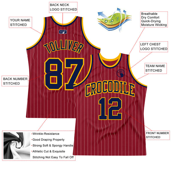 Custom Maroon White Pinstripe Navy-Gold Authentic Basketball Jersey