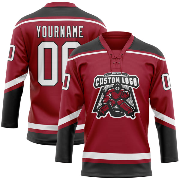 Custom Maroon White-Black Hockey Lace Neck Jersey