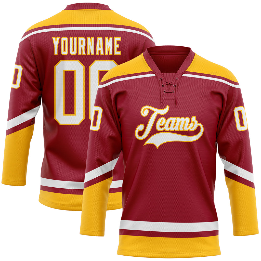 Custom Maroon White-Gold Hockey Lace Neck Jersey