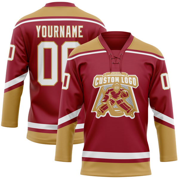 Custom Maroon White-Old Gold Hockey Lace Neck Jersey