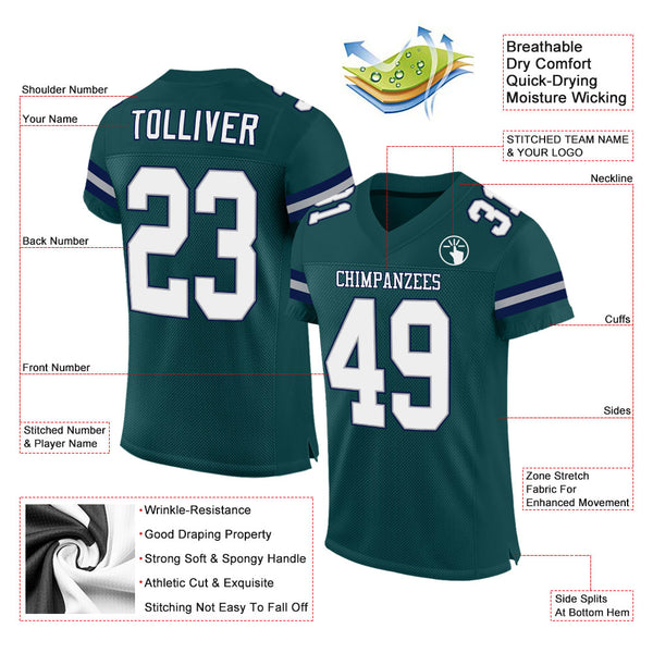 Custom Midnight Green White-Navy Mesh Authentic Football Jersey