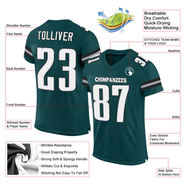 Custom Midnight Green White-Gray Mesh Authentic Football Jersey