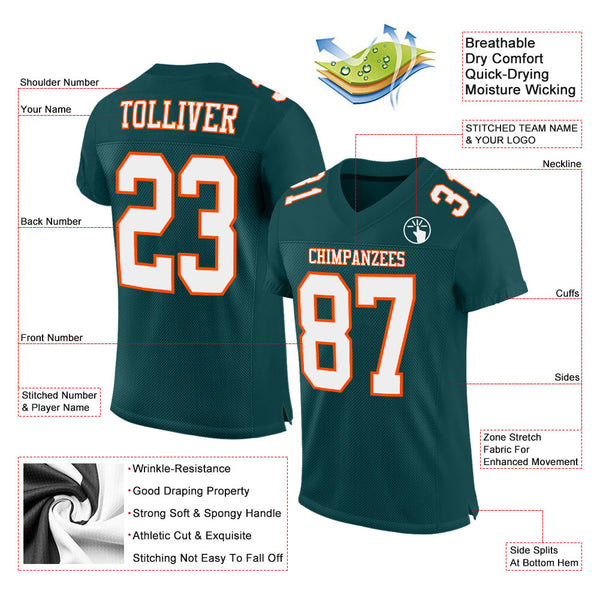 Custom Midnight Green White-Orange Mesh Authentic Football Jersey