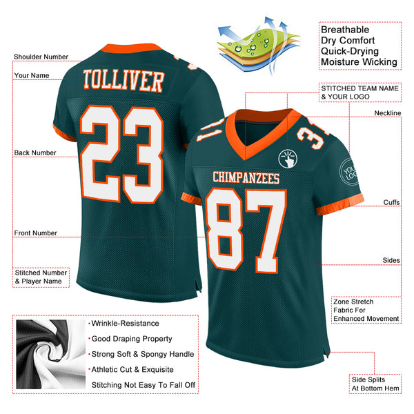 Custom Midnight Green White-Orange Mesh Authentic Football Jersey