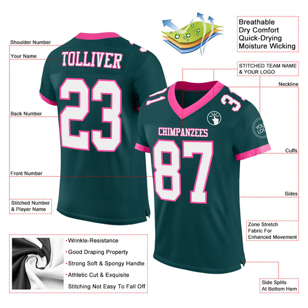 Custom Midnight Green White-Pink Mesh Authentic Football Jersey