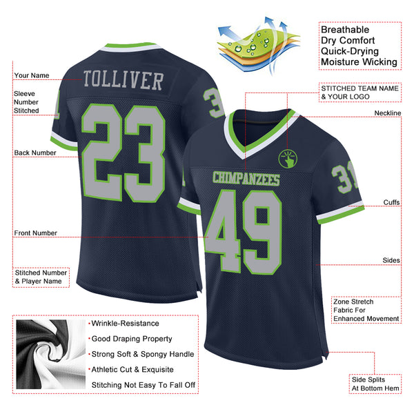 Custom Navy Gray-Neon Green Mesh Authentic Throwback Football Jersey