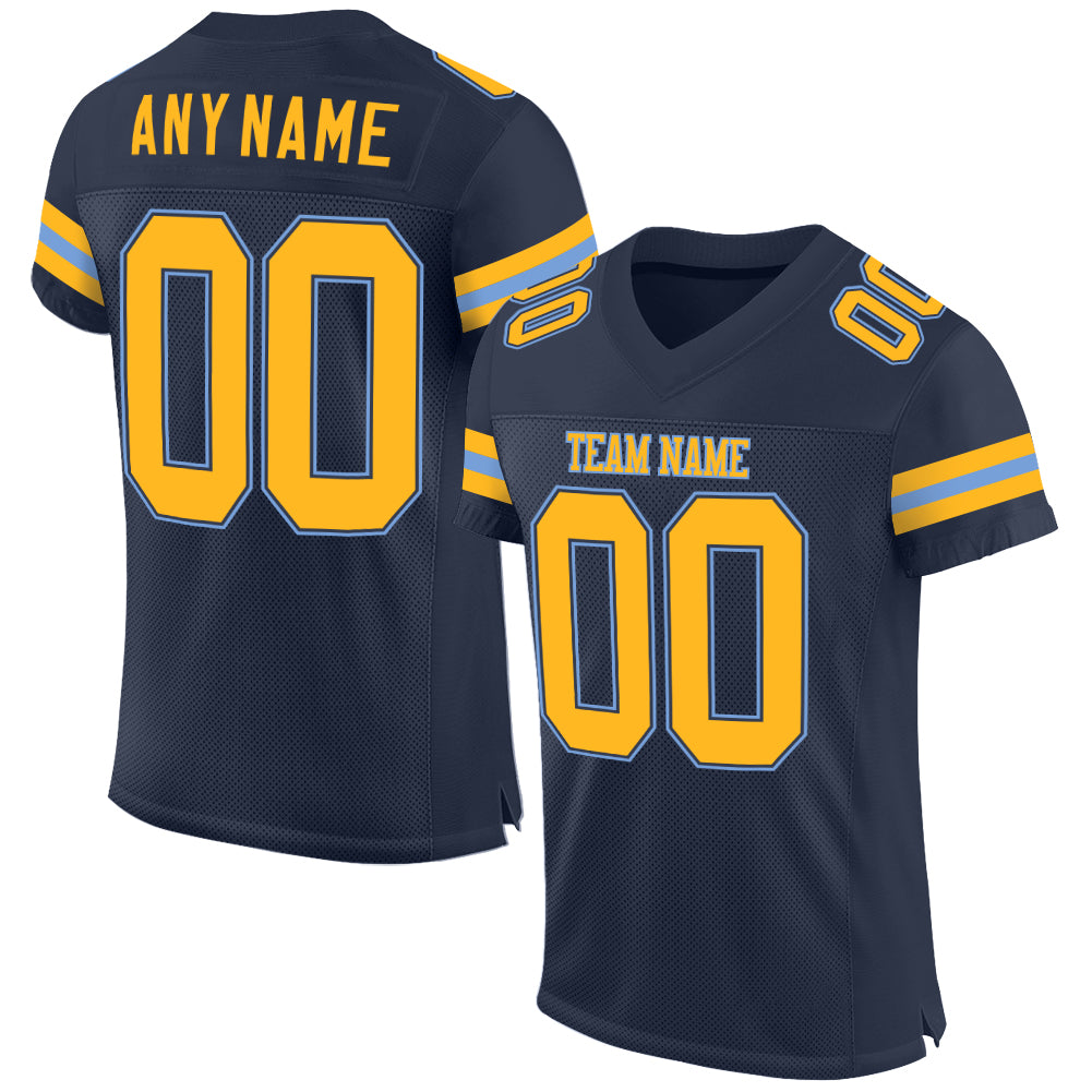 Custom Navy Gold-Light Blue Mesh Authentic Football Jersey