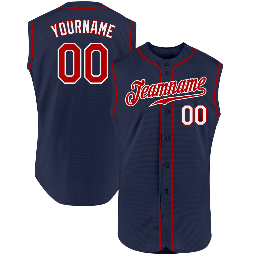 Custom Navy Red-White Authentic Sleeveless Baseball Jersey