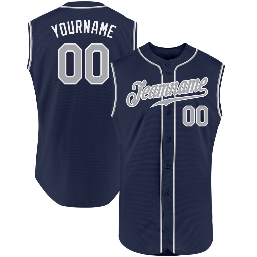 Custom Navy Gray-White Authentic Sleeveless Baseball Jersey