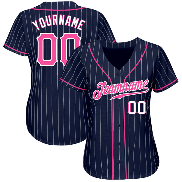 Custom Navy White Pinstripe Pink-White Authentic Baseball Jersey