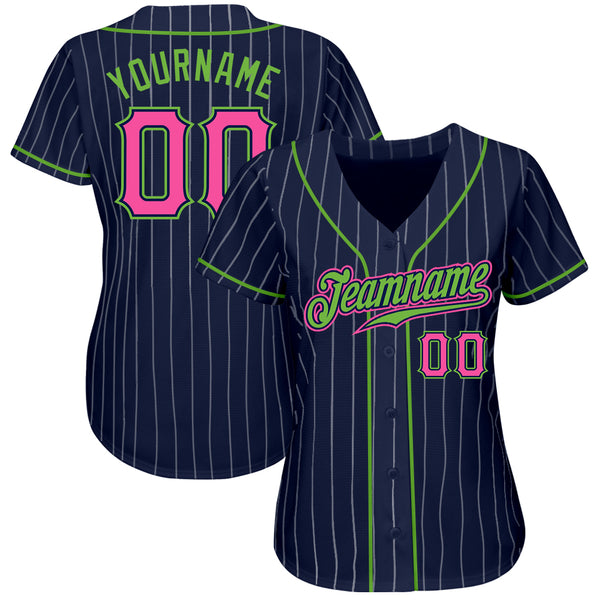 Custom Navy White Pinstripe Pink-Neon Green Authentic Baseball Jersey