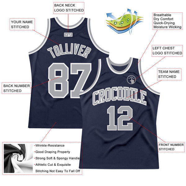 Custom Navy Gray-White Authentic Throwback Basketball Jersey