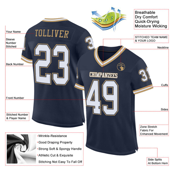 Custom Navy White-Old Gold Mesh Authentic Throwback Football Jersey