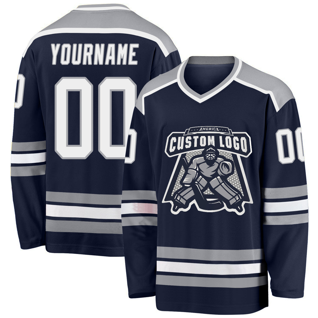 Custom Navy White-Gray Hockey Jersey