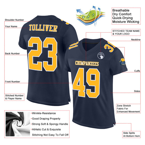 Custom Navy Gold-White Mesh Authentic Football Jersey