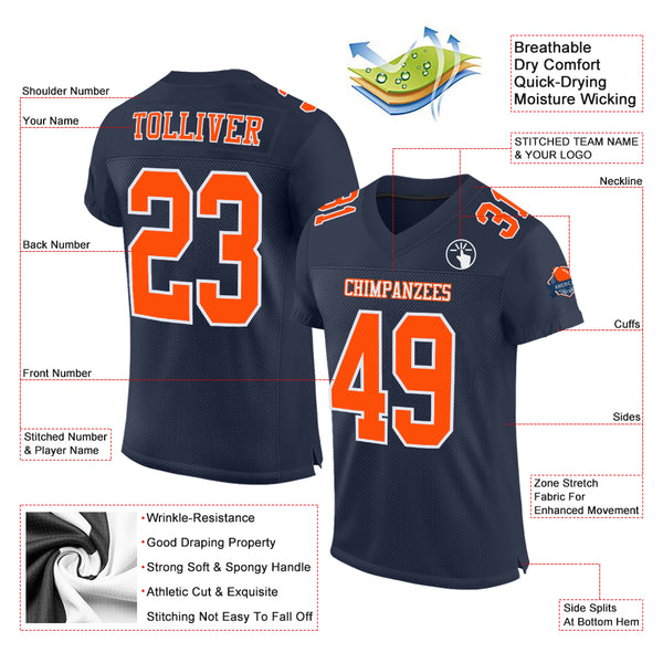 Custom Navy Orange-White Mesh Authentic Football Jersey