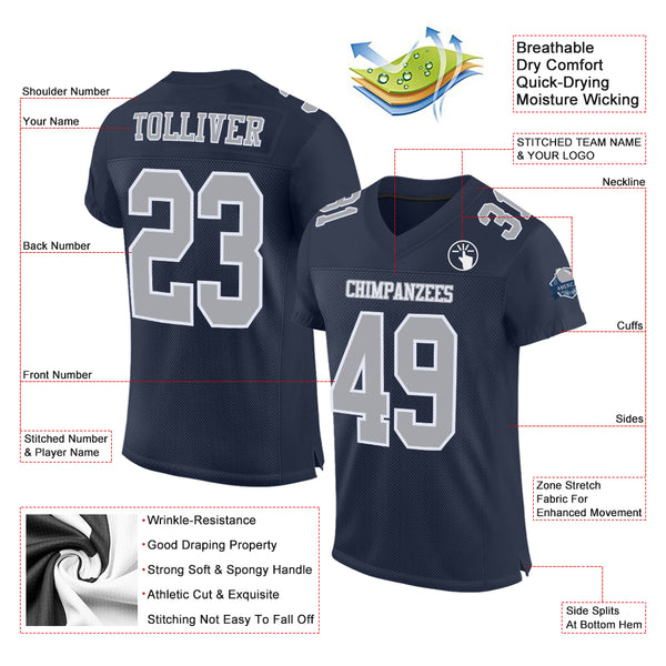 Custom Navy Gray-White Mesh Authentic Football Jersey