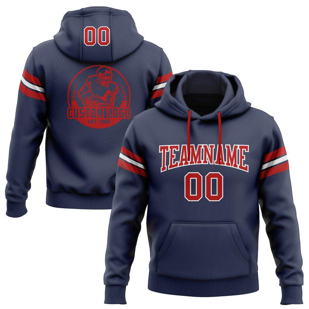 Custom Stitched Navy Red-White Football Pullover Sweatshirt Hoodie