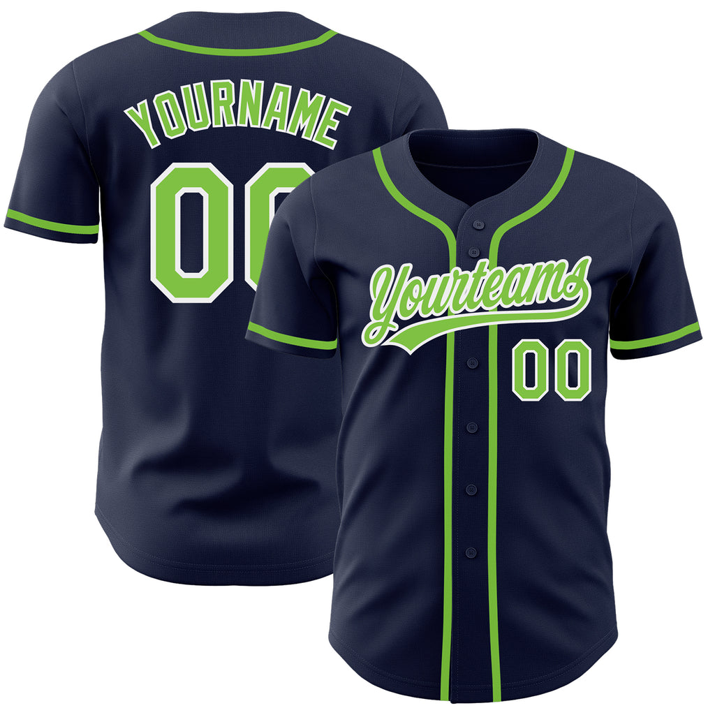 Custom Navy Neon Green-White Authentic Baseball Jersey