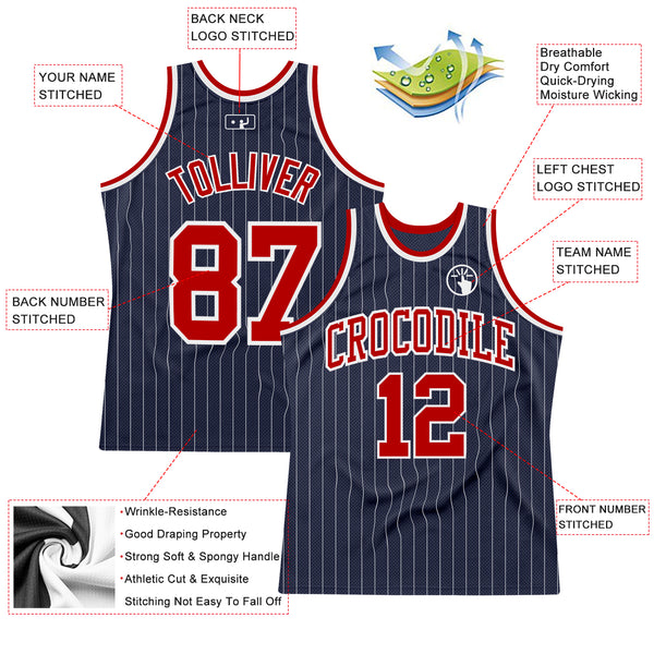 Custom Navy White Pinstripe Red Authentic Basketball Jersey