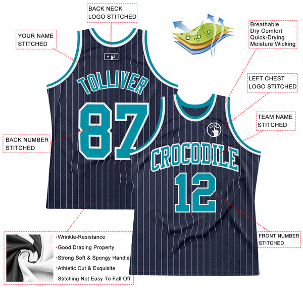Custom Navy White Pinstripe Teal Authentic Basketball Jersey