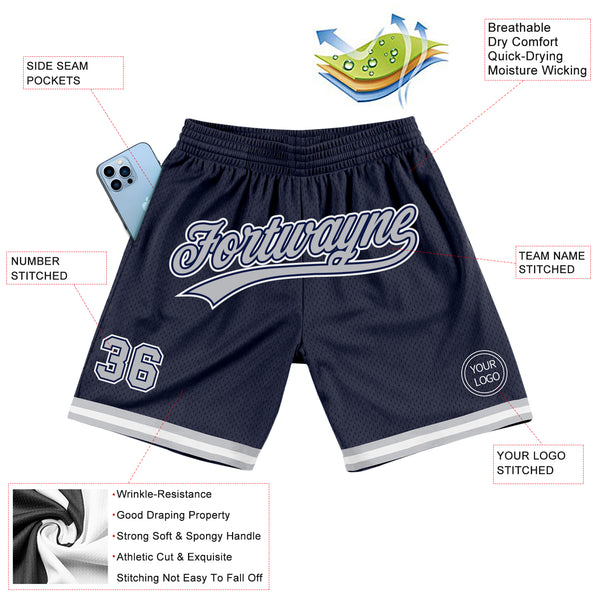 Custom Navy Gray-White Authentic Throwback Basketball Shorts