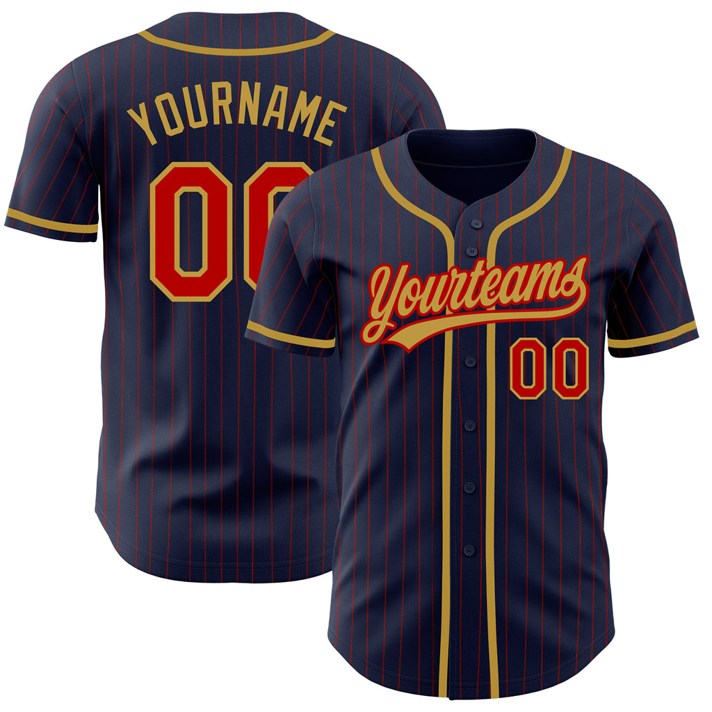 Custom Navy Red Pinstripe Old Gold Authentic Baseball Jersey