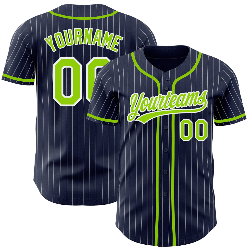 Custom Navy White Pinstripe Neon Green Authentic Baseball Jersey