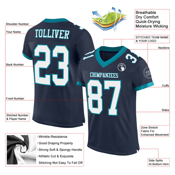 Custom Navy White-Teal Mesh Authentic Football Jersey