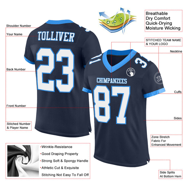 Custom Navy White-Electric Blue Mesh Authentic Football Jersey