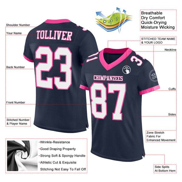 Custom Navy White-Pink Mesh Authentic Football Jersey