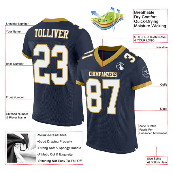 Custom Navy White-Old Gold Mesh Authentic Football Jersey