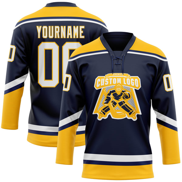 Custom Navy White-Gold Hockey Lace Neck Jersey